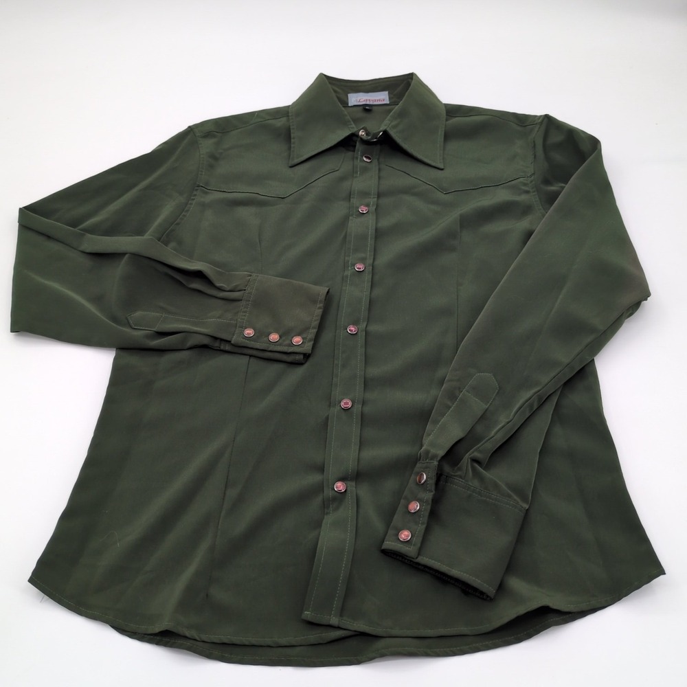 Vintage Lavana USA Western‎ Shirt Men's Large Olive Green Pearl Snap Long Sleeve